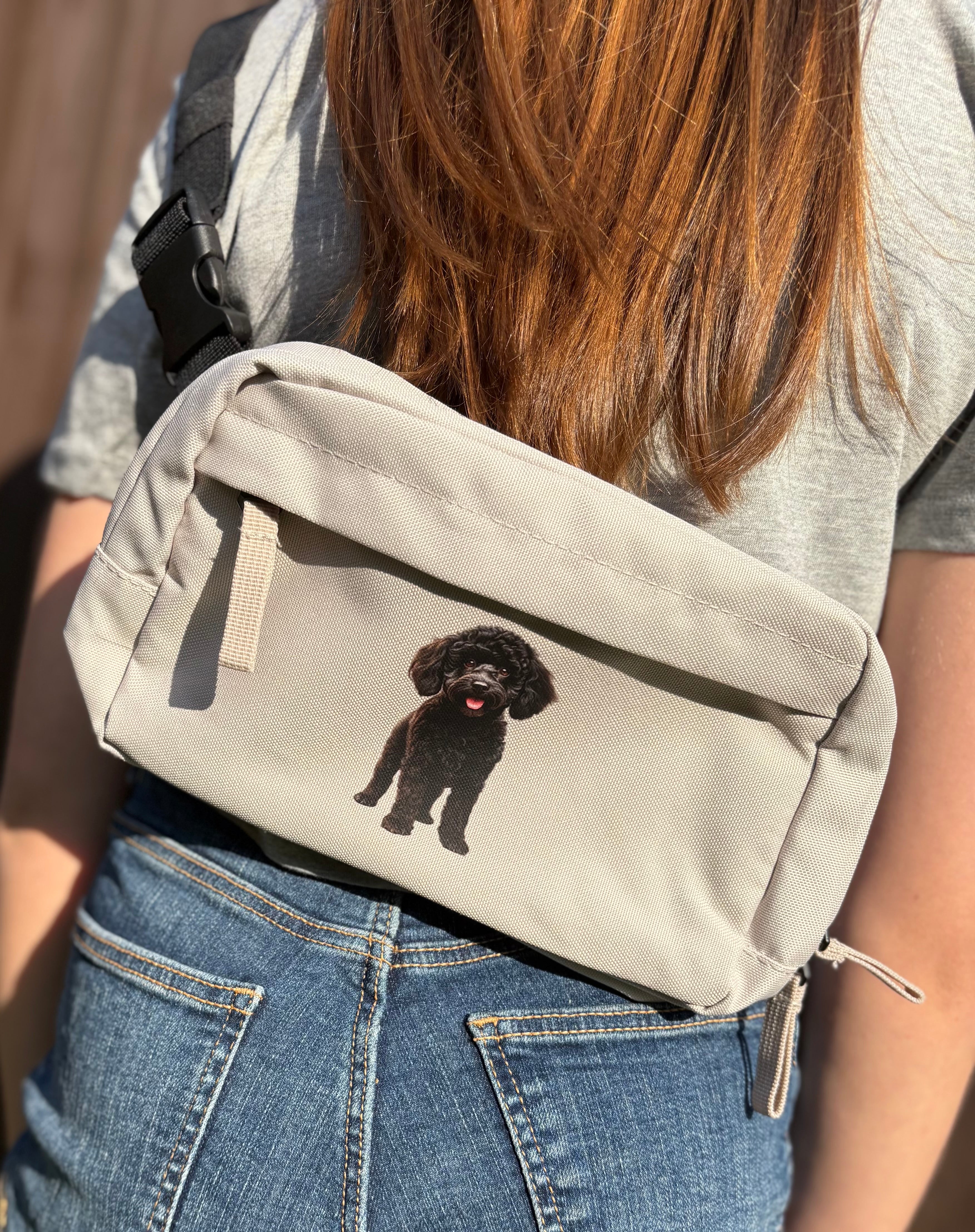 Poodle mix breed on stone coloured cross body bag