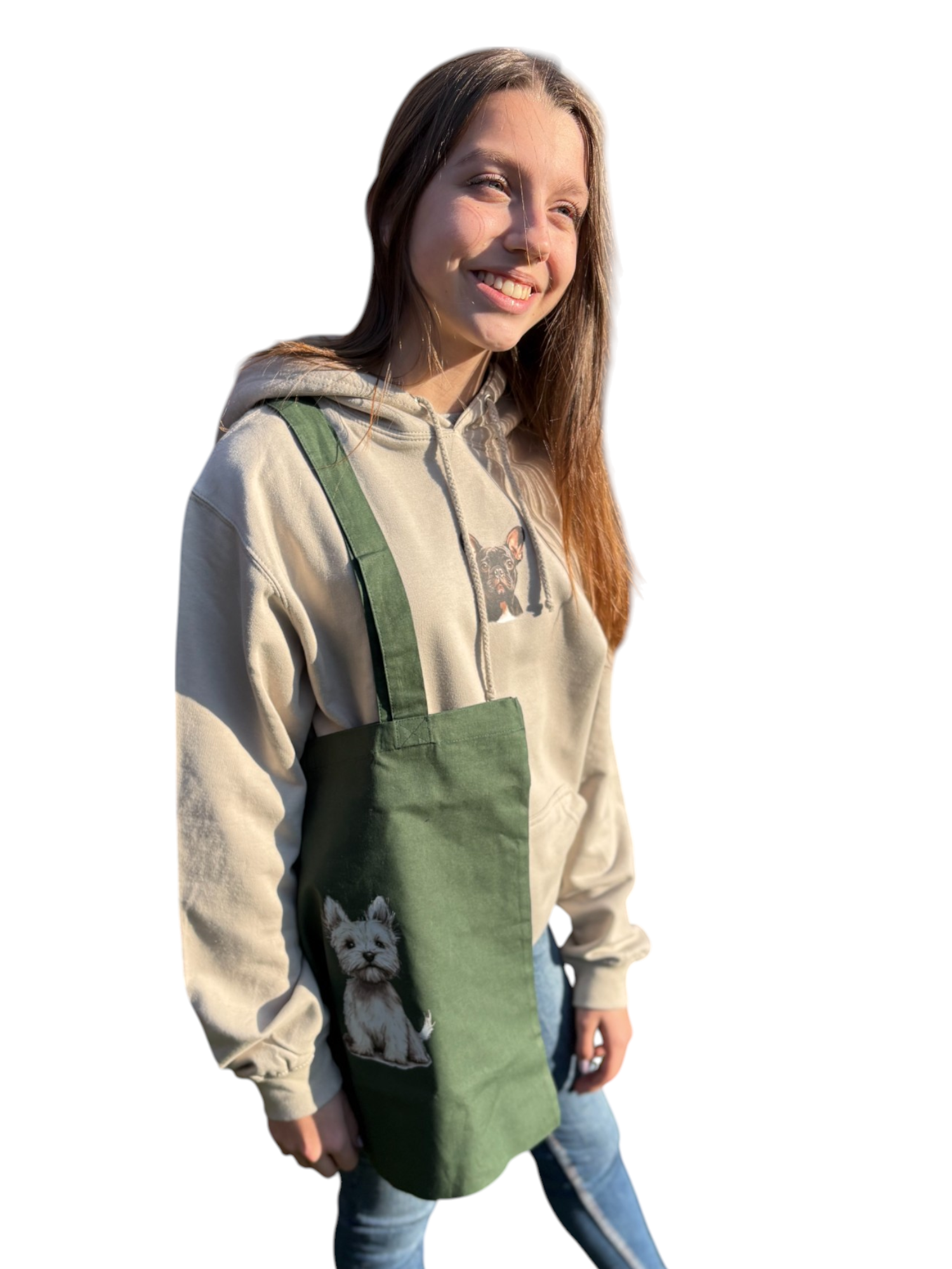 Green tote bag with westie west highland terrier dog on front and hoodie with French bulldog face on front