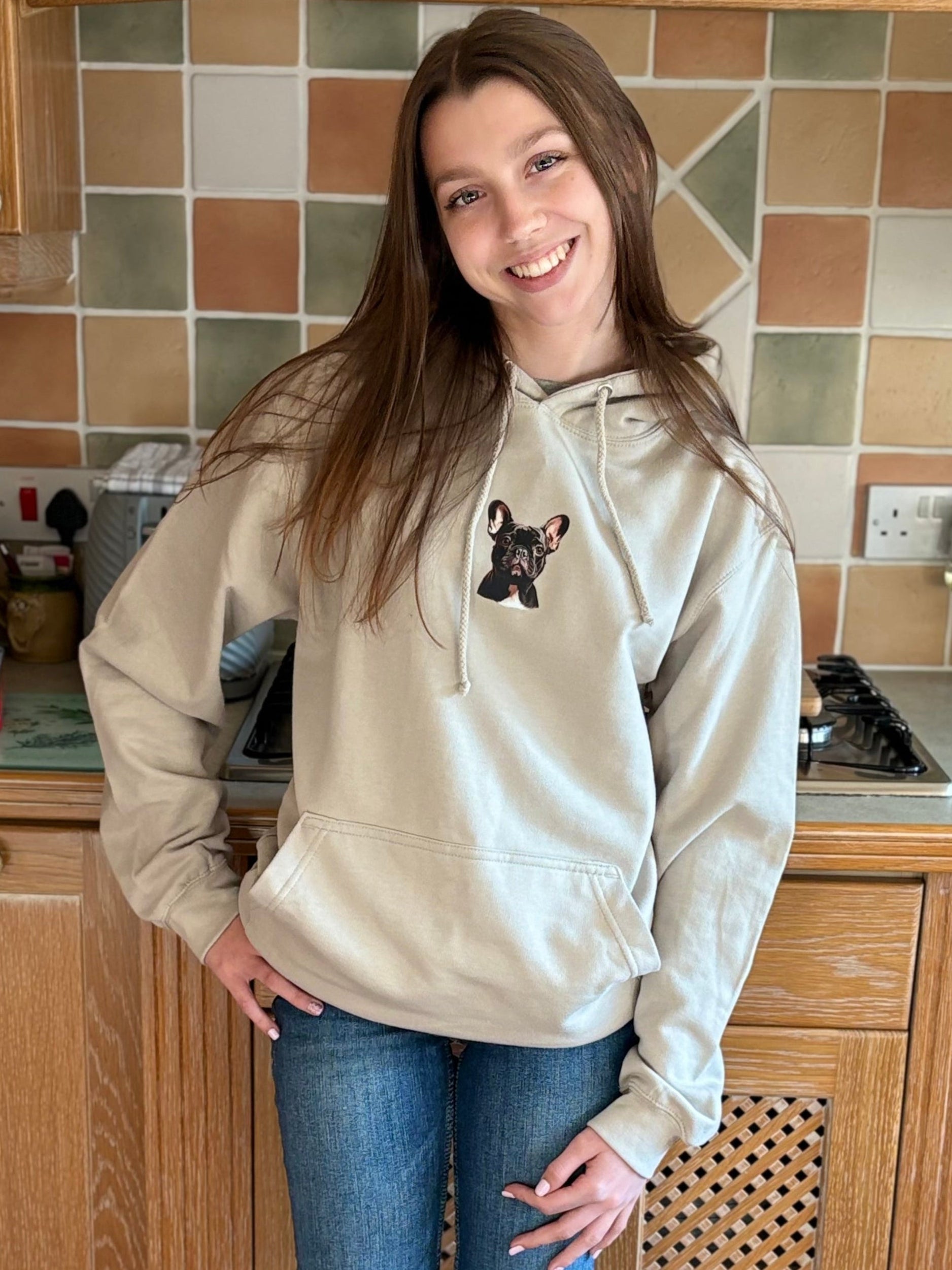Natural unisex hoodie with French bulldog face on front