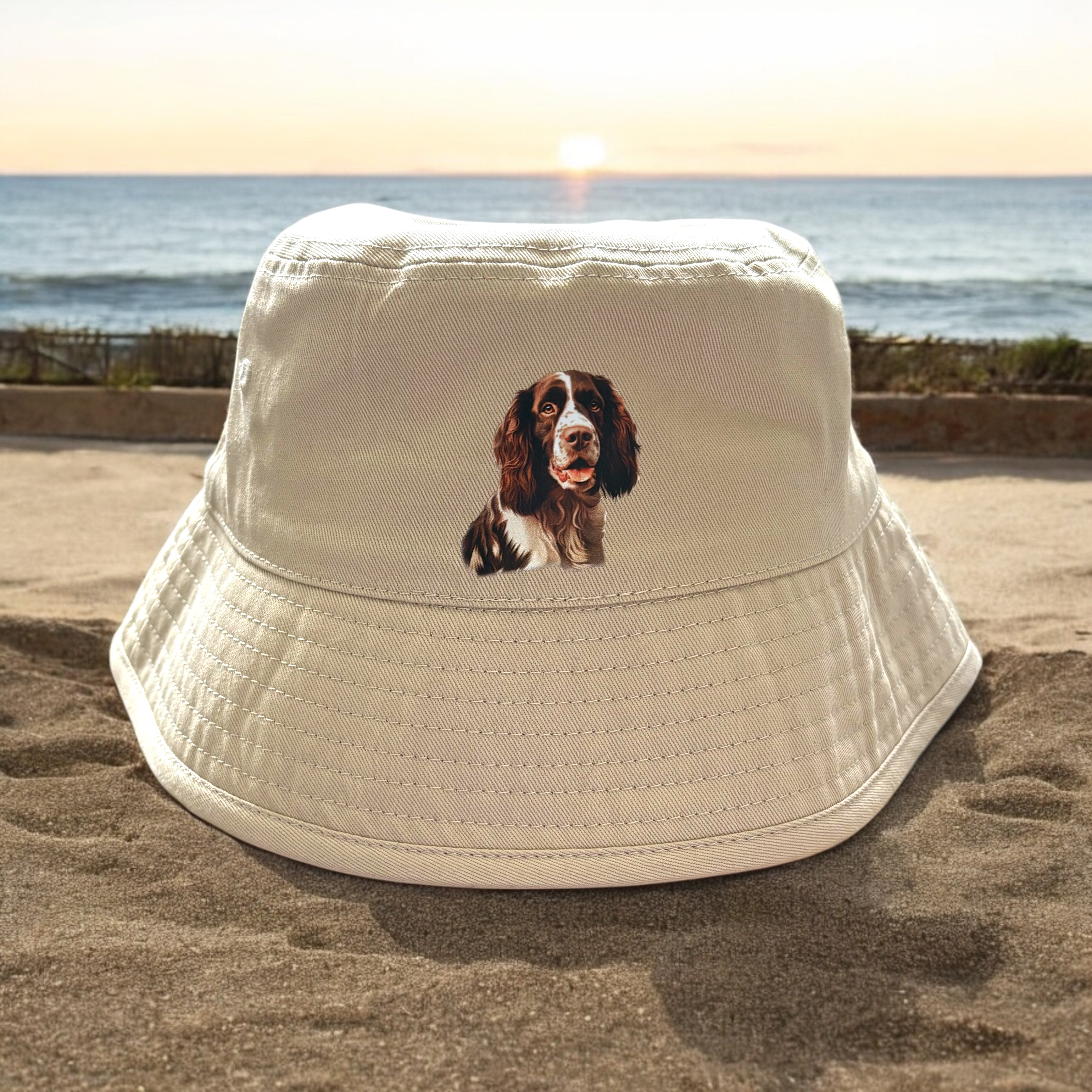Sand bucket hat with springer spaniel dog on the front