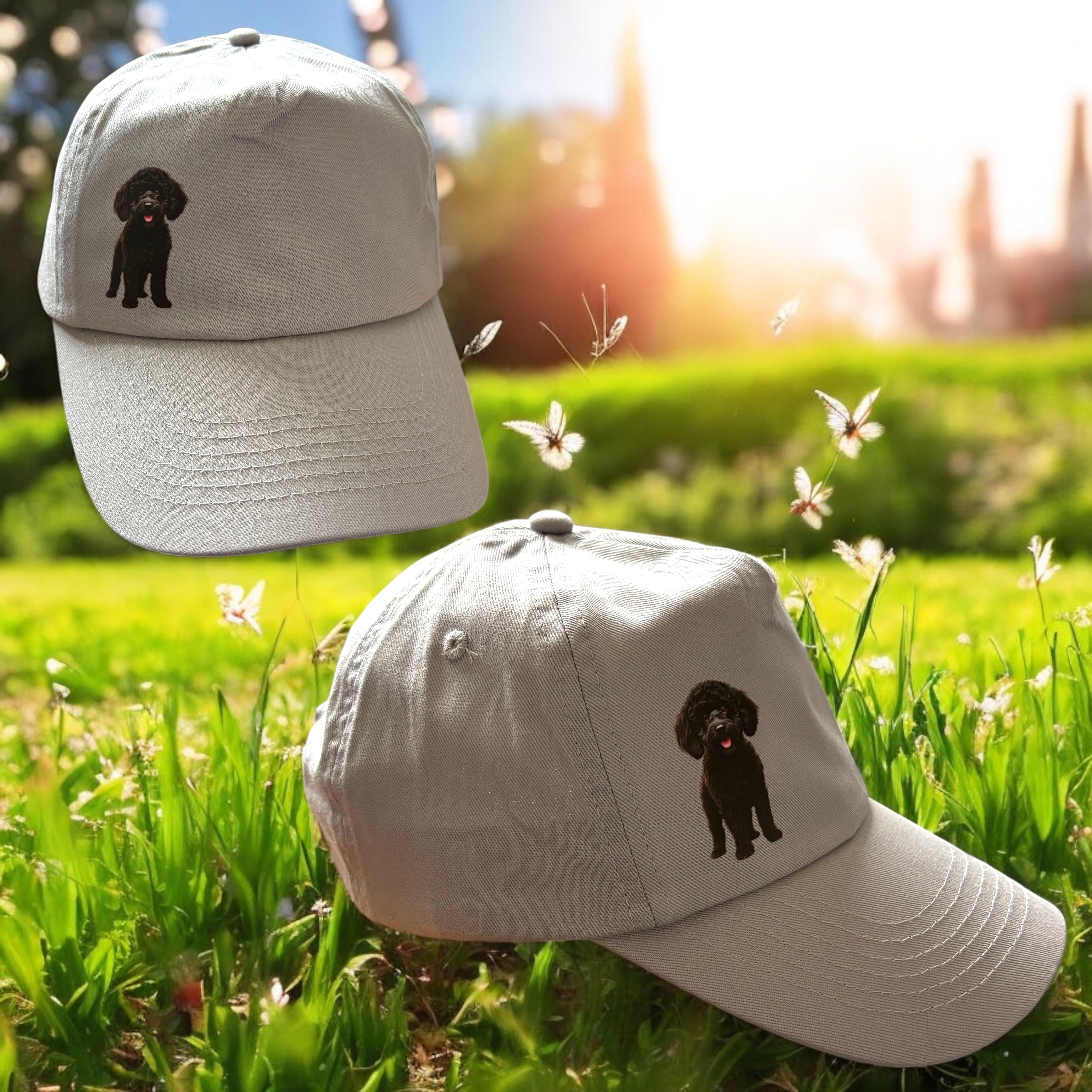 Cap hat with black poodle mix breed on the side 