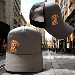 Trucker cap hat with golden retriever on the front