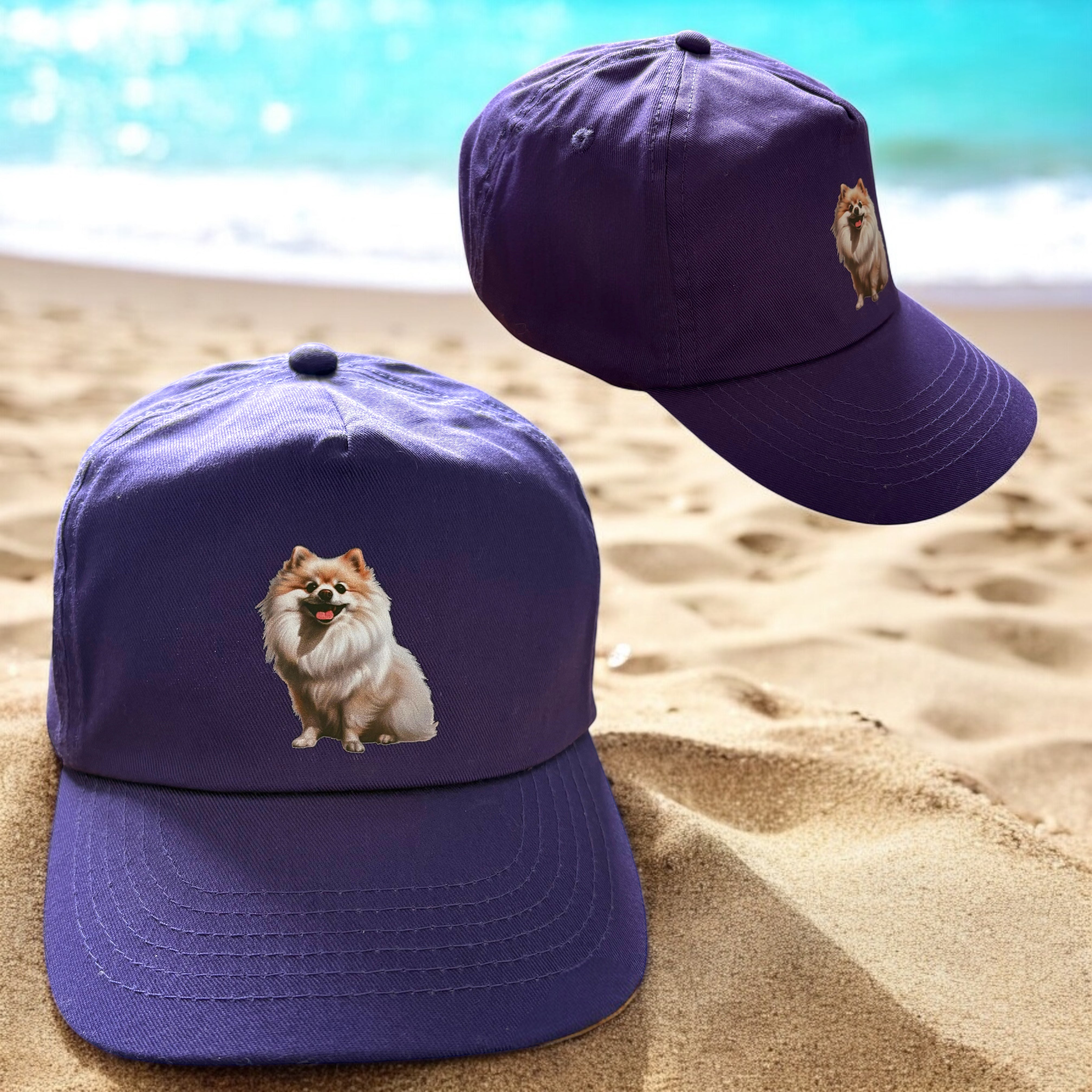 Purple kids cap with Pomeranian dog breed on the front 
