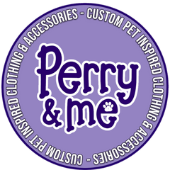 Circular logo for 'Perry & me' with text about custom pet-inspired clothing and accessories on a purple background.