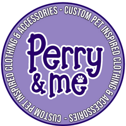 Circular logo for 'Perry & me' with text about custom pet-inspired clothing and accessories on a purple background.